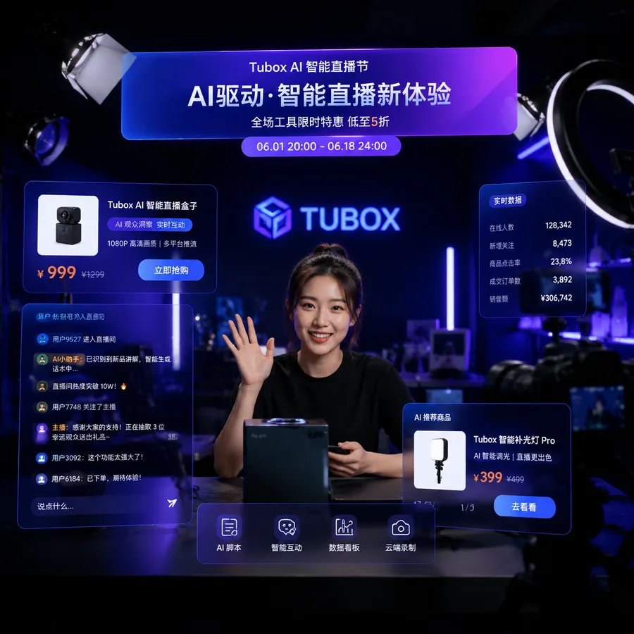 图盒AI生成的专业直播间视觉方案，包含蓝紫色促销贴片、商品卡片和直播数据面板